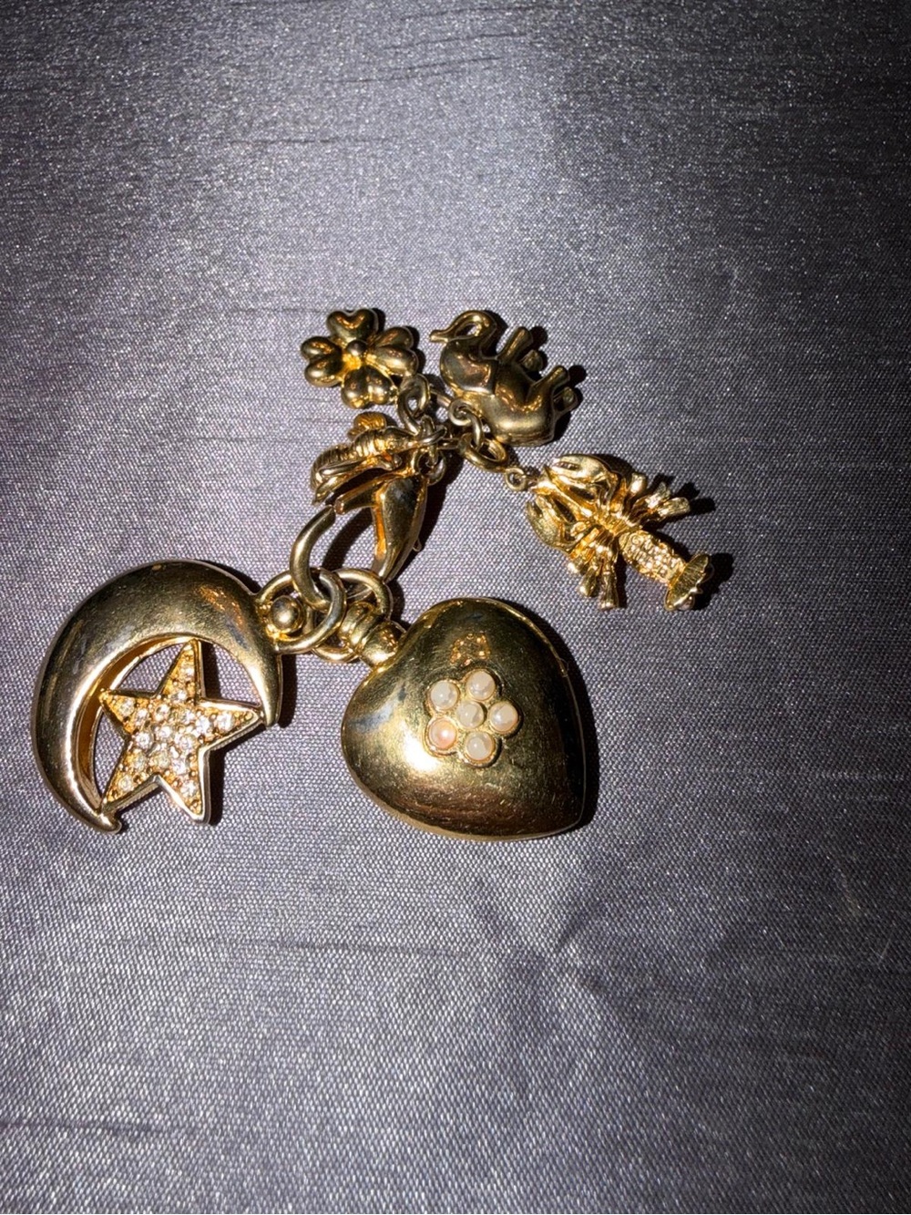 Gold-Tone Heart & Star Charm Keychain with Rhinestones